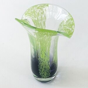 Hand Blown Art Glass Vase Green‎ Purple White Confetti Decor Bud Vase